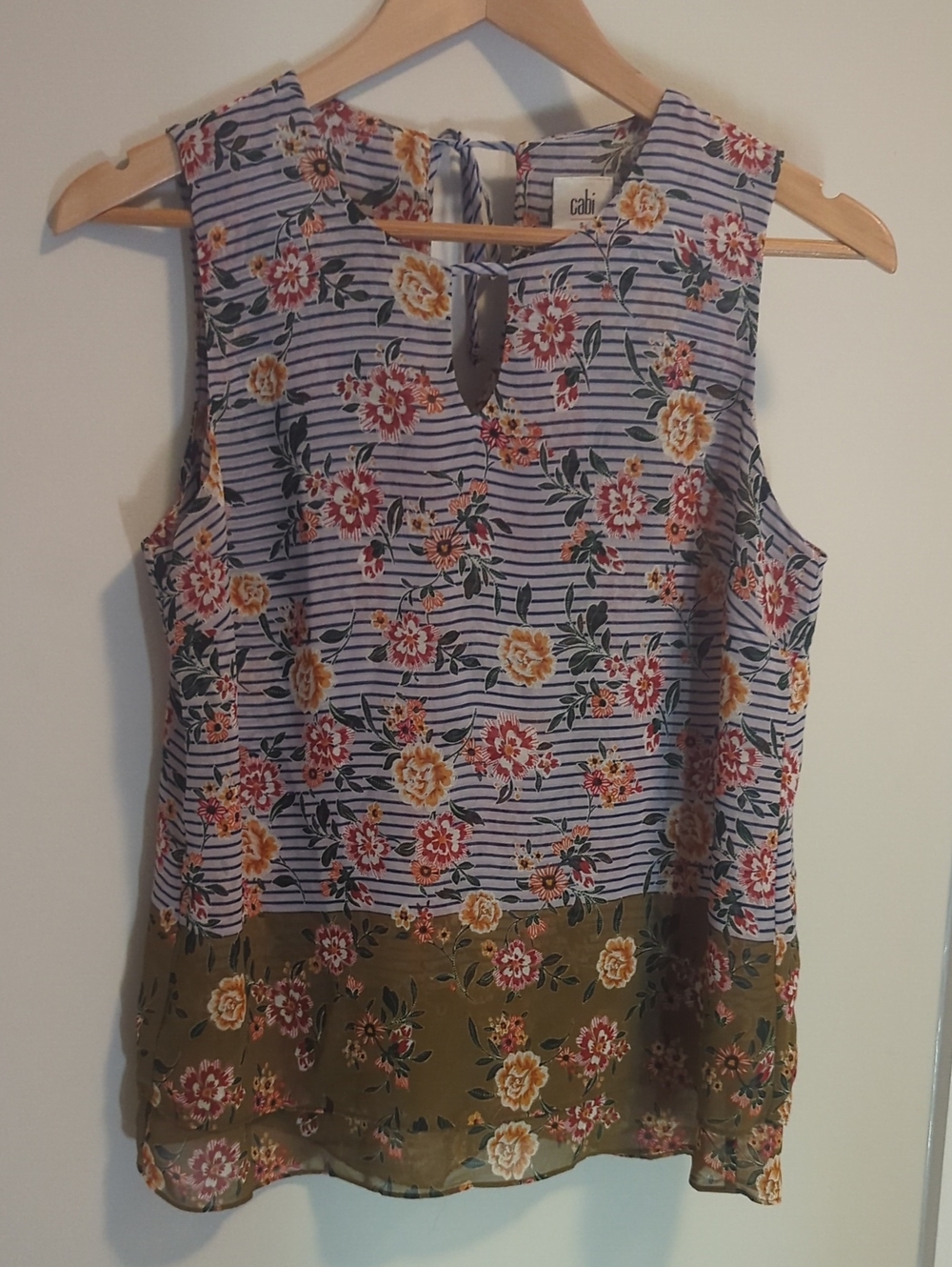 CAbi Lavender and Olive Floral Striped Sleeveless Top